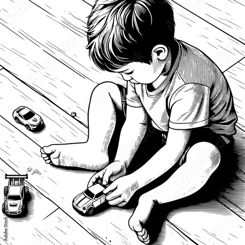 Black and White Vector SVG of a Boy Playing with a Toy Car