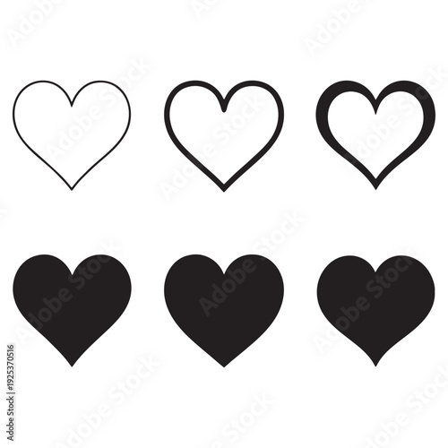 Heart Shapes Collection Outline and Solid Variations Isolated on white background