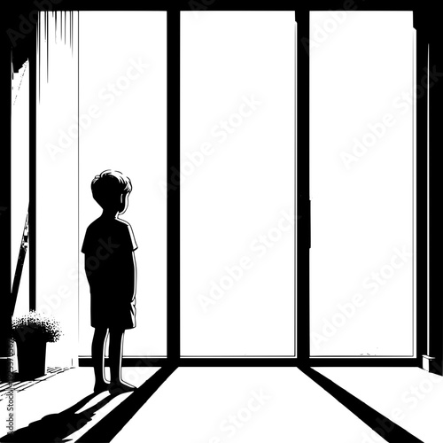 Black and White Vector SVG of a Boy Watching Through a Window