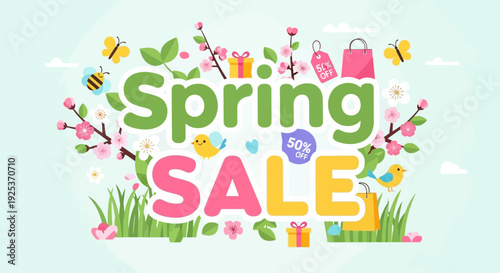 Vibrant Spring Sale advertisement with colorful flowers and shopping bags illustration from a direct viewpoint