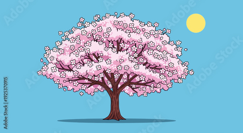A serene illustration of a blossoming tree under a yellow sun in a calm environment from a front viewpoint