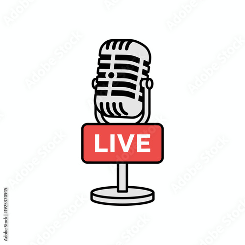 Cartoon illustration of a retro microphone with a red 'LIVE' sign on its stand, symbolizing broadcasting, recording, or a live event.