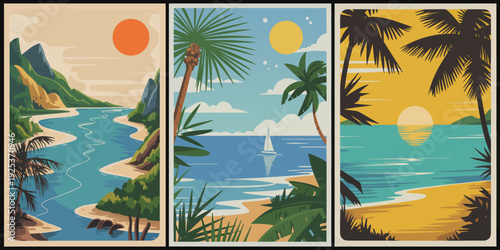 Retro Landscape Poster, Highlighting Turquoise Mountain River, Orange Sun, and Ocean Sailboat Scene