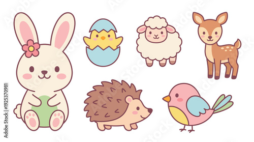 Cute Easter themed cartoon animals and egg.