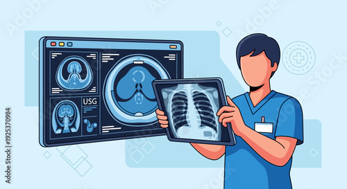 Medical professional examining lung X-ray images on a digital screen in a clinical setting