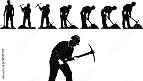 Silhouette of a construction worker or miner using a pickaxe in various motion sequences for excavation, digging, and manual labor work (20 words)