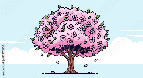 A blooming tree with falling flowers against a serene sky view