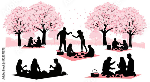 People enjoying a picnic under blossoming trees in a serene park setting illustration