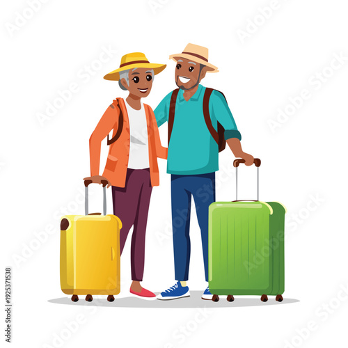 Elderly couple with luggage ready for travel adventure