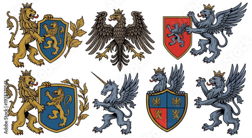 Medieval Heraldic Beasts and Shield Crests Vector Illustration Collection
