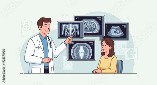 Doctor explaining medical images to a patient in a clinical setting with various scans displayed
