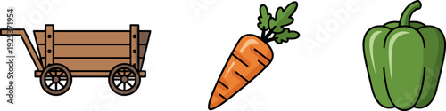 Wooden cart with carrot and green bell pepper icons on a white background