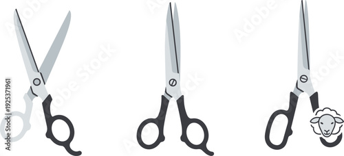 Three different types of scissors, including one with a sheep icon, on a white background