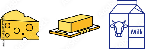 Simple cartoon icons of cheese, butter, and milk carton on a white background
