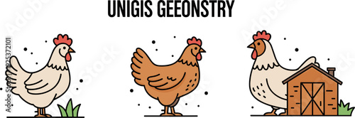 Cute cartoon chickens and a small coop in a minimalist flat design style