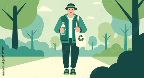 Embracing a sustainable lifestyle a man strolls through a vibrant green park, holding a reusable water bottle and an eco-friendly bag, symbolizing environmental care