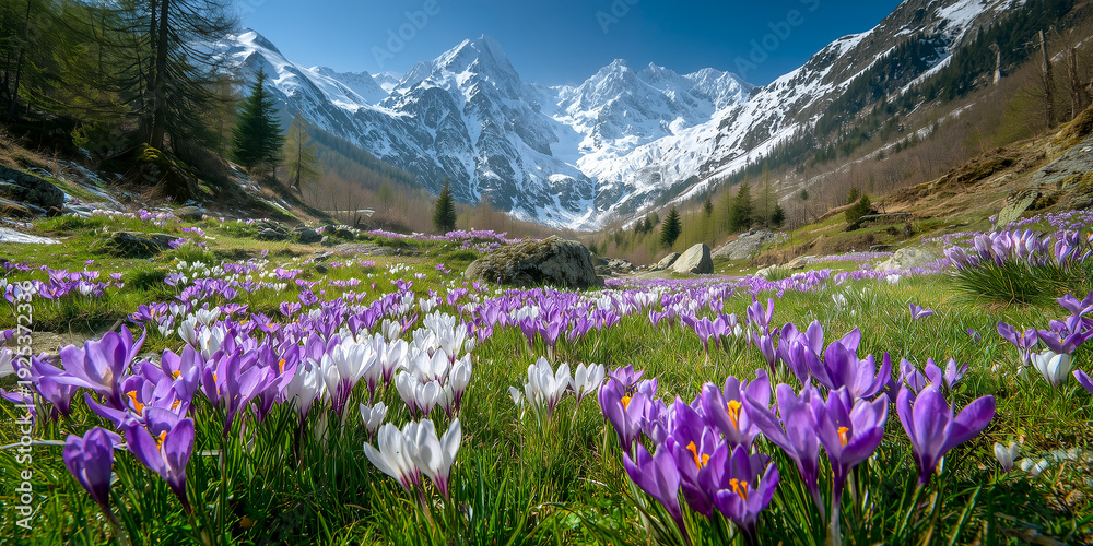 Obraz premium purple and white crocus flowers in spring alpine meadow with snowy mountains background