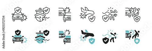 Transport accident life safety insurance icon line set. Transportation collision medical emergency support check mark health care protection signs vector illustration