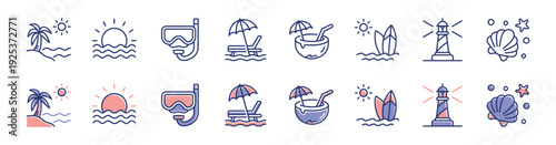 Summer tropical beach trip icon line set. Ocean sunset, sea wave, coconut, light house, surf board, palm tree, chair and umbrella, coastal vacation signs vector illustration