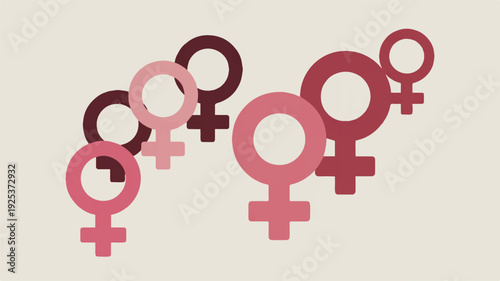 feminist symbols in different shades of pink and red on beige background