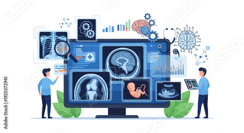 Medical professionals analyzing complex data and medical images on a large computer screen with various diagnostic visuals and charts displayed
