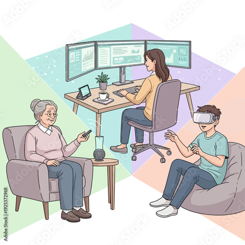 Modern Digital Lifestyles Diverse Generations Engaging in Remote Work, Immersive Virtual Reality, and Smart Home Living, Showcasing Connectivity and Contemporary Technology