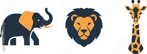 Stylized icons of an elephant, lion, and giraffe in a flat design style