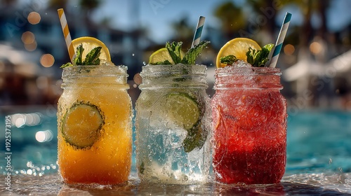 Three colorful cocktails in mason jars beside swimming pool on sunny day