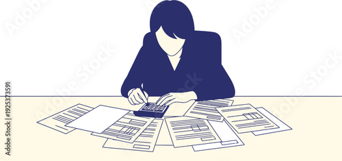 Focused individual surrounded by financial paperwork, diligently calculating figures, symbolizing the demands of budget management and tax preparation