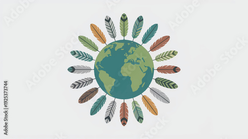 Globe surrounded by colorful feathers on light background