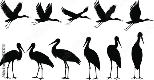 Flying and standing heron stork silhouette set, long necked waterfowl bird collection, nature wildlife marsh icons, CAD drawing flat vector illustration, swamp animal graphic.