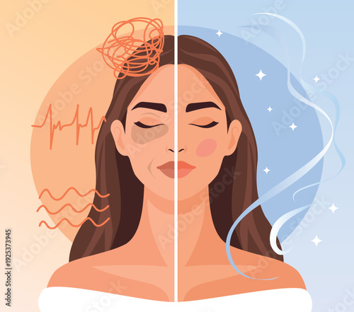 Vector illustration of two sides of the face, stress and balance the left side shows tension, dark circles, wrinkles. Right side is smooth skin, sparkles, gentle waves. For mental health, self-care