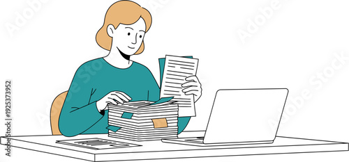 Young woman organizing documents and working on a laptop at a desk, symbolizing efficient workflow and administrative tasks in a modern workspace