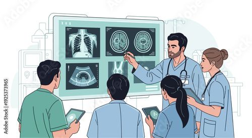 Medical professionals examining medical imaging scans on a large screen in a clinical setting