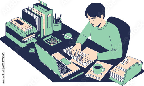An illustration of a focused person working diligently at a modern desk, surrounded by office essentials, emphasizing productivity and an organized workflow