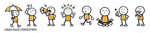 line of stickman characters in orange shirts showing various poses and tools