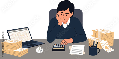 Man Overwhelmed by Mounting Financial Debt and Budgeting Stress, Surrounded by Piles of Cash and Calculation Work on Office Desk