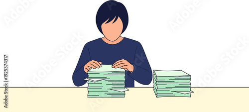 A focused person diligently sorts and organizes stacks of documents on a desk, illustrating efficient paperwork management and administrative tasks in an office environment