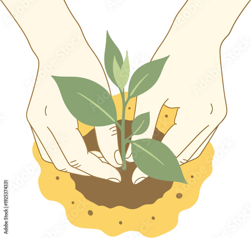 A pair of hands carefully planting a vibrant green sapling into a mound of rich brown soil, illustrating themes of nature, growth, and sustainable living
