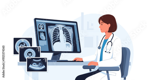 Doctor analyzing medical images on computer screen in a clinical setting