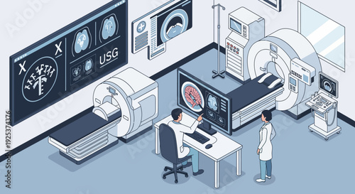 Medical professionals analyzing MRI scans on computer in a modern hospital laboratory setting from an isometric viewpoint
