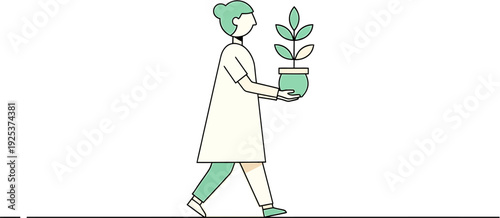 Stylized graphic depicting a person carrying a vibrant potted plant, representing sustainability, environmental awareness, and personal growth towards a greener lifestyle