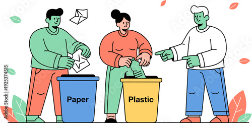 Championing a greener tomorrow Individuals responsibly sort paper and plastic into designated recycling bins, promoting environmental care and sustainable waste management