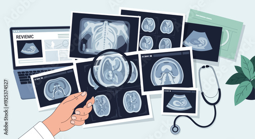 Medical Professional Analyzing Brain and Body Scan Images on Digital Devices and Prints