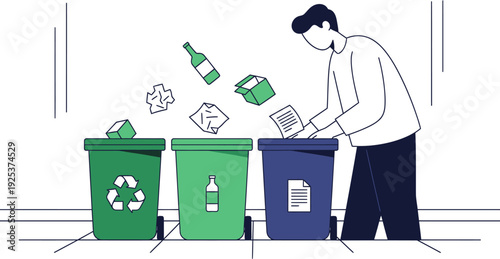 An individual responsibly sorts recyclable items such as paper and bottles into distinct bins, demonstrating proper waste management for environmental protection and sustainable living