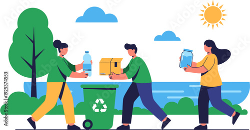 People recycling waste into a green bin, illustrating environmental conservation and sustainability efforts for a healthier planet
