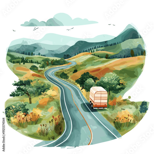 Pan-American Highway. Pan-American Highway hand drawn watercolor illustration