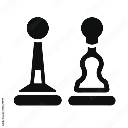 Two black and white chess pawns with different shapes on plain background game