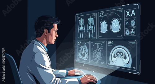 Medical professional analyzing medical images on a high-tech computer screen in a darkened room