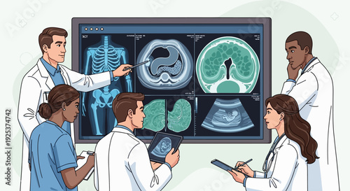 Medical professionals examining brain scans and X-rays on a large screen in a clinical setting from a collaborative viewpoint